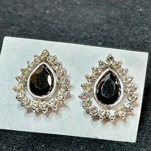 Vintage Trifari Faceted Black Teardrop Stud Pierced Earrings Surrounded in Clear
